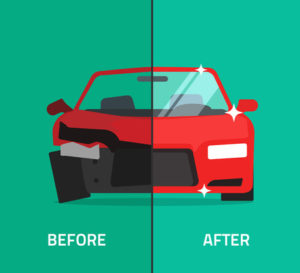 Car before and after repair vector illustration, crashed, broken and repaired car, auto maintenance service or shop banner, flat cartoon design