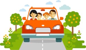 Family in a red car traveling together after proper car care