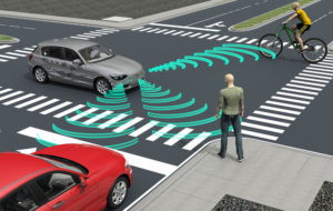 autonomous car checking for obstructions to avoid collision.