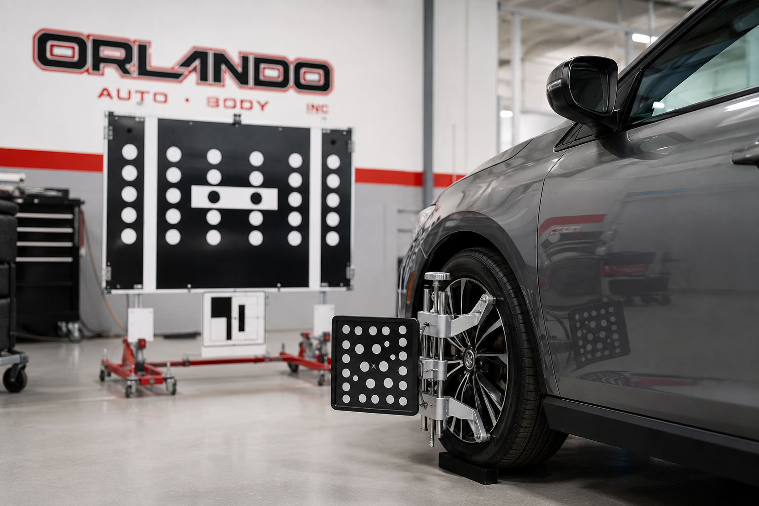 ADAS calibration equipment being used on a modern vehicle after collision repair at Orlando Auto Body