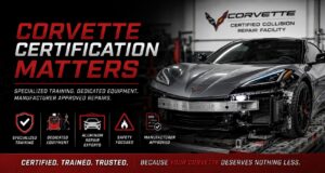 Corvette certified collision repair facility with specialized aluminum repair equipment and manufacturer-approved repair procedures
