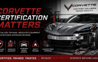 Corvette certified collision repair facility with specialized aluminum repair equipment and manufacturer-approved repair procedures