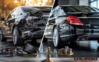 Damaged vehicle and repaired vehicle illustrating diminished value after an accident in Arizona
