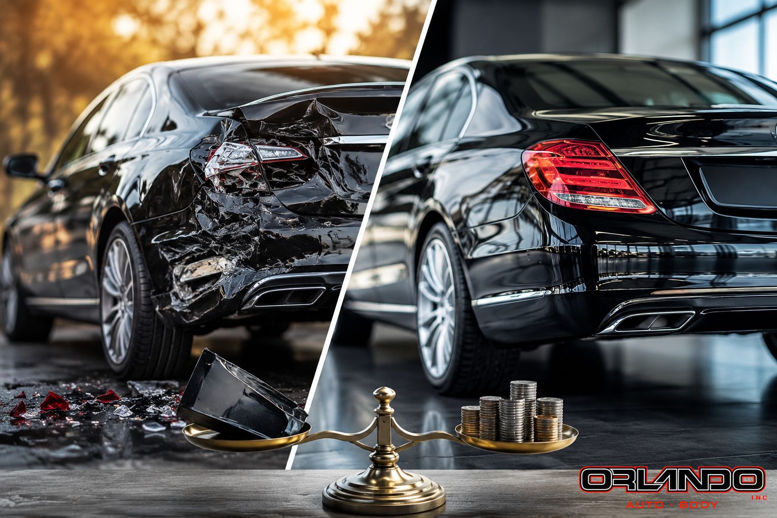 Damaged vehicle and repaired vehicle illustrating diminished value after an accident in Arizona