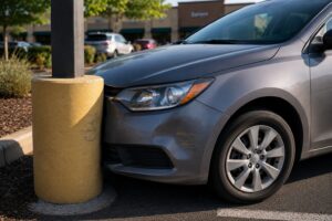 Gray sedan in a shopping center parking lot with a dented front bumper and yellow paint transfer after a minor collision with a concrete parking lot pole.