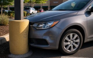 Gray sedan in a shopping center parking lot with a dented front bumper and yellow paint transfer after a minor collision with a concrete parking lot pole.