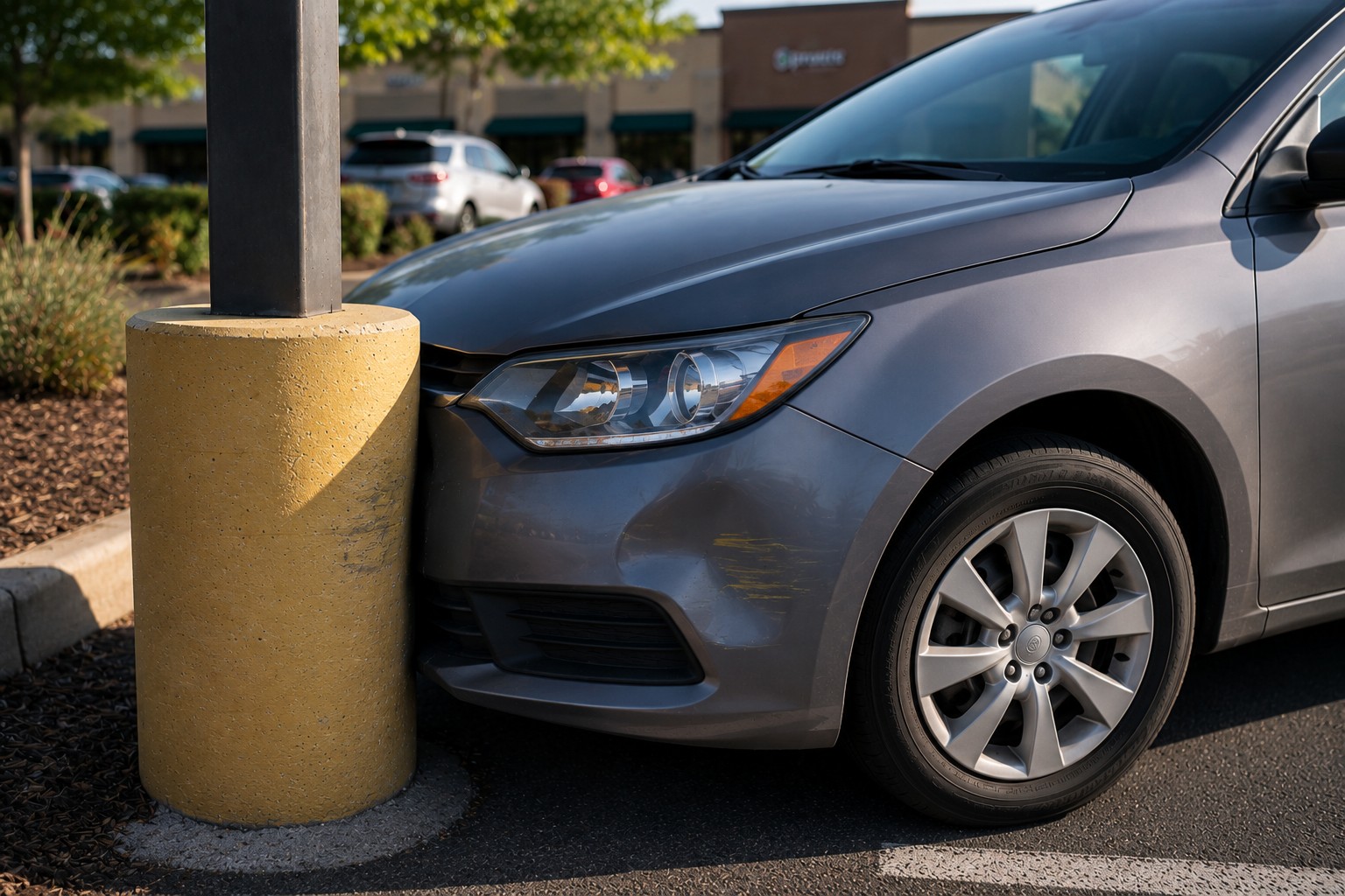 Gray sedan in a shopping center parking lot with a dented front bumper and yellow paint transfer after a minor collision with a concrete parking lot pole.