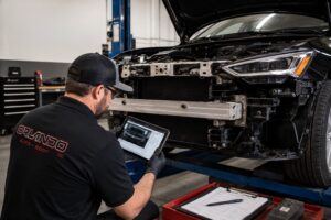 Collision repair technician inspecting hidden vehicle damage during a post-accident repair assessment at Orlando Auto Body.