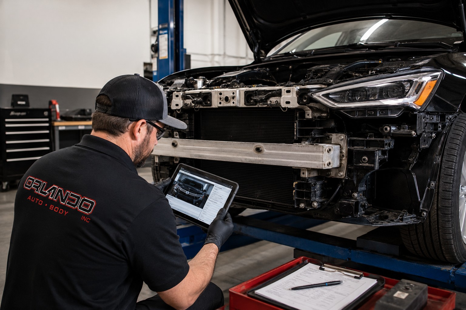 Collision repair technician inspecting hidden vehicle damage during a post-accident repair assessment at Orlando Auto Body.