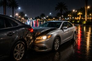 Two vehicles involved in a minor collision on a rainy Scottsdale street during Arizona monsoon season.