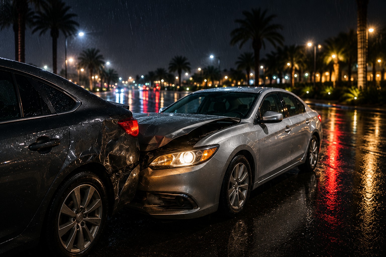 Two vehicles involved in a minor collision on a rainy Scottsdale street during Arizona monsoon season.