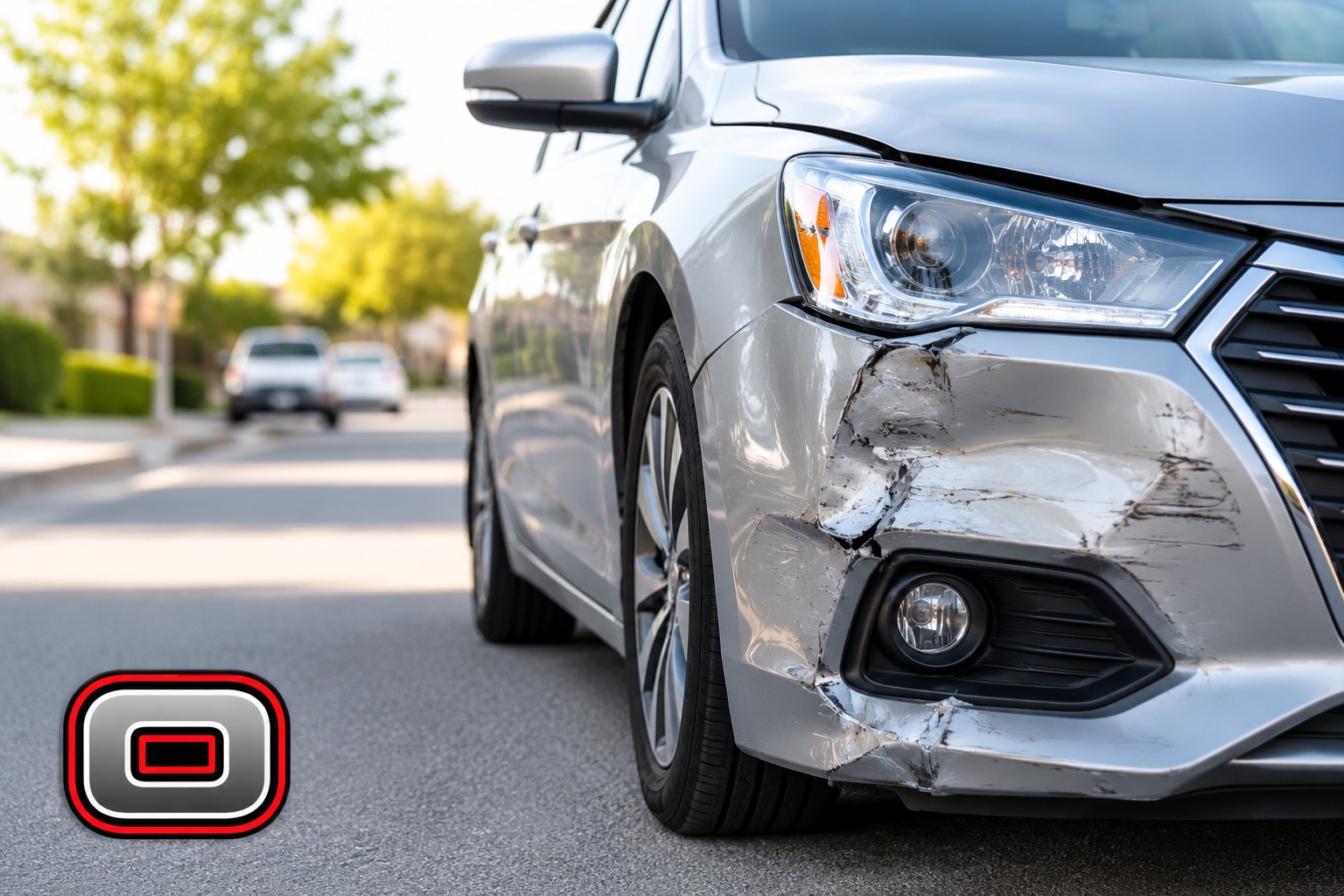Silver sedan with front bumper damage after a minor fender bender illustrating hidden collision damage that may require professional inspection.