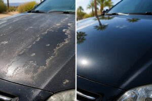 Before and after comparison of peeling car paint repaired by Orlando Auto Body after Arizona sun and UV damage.
