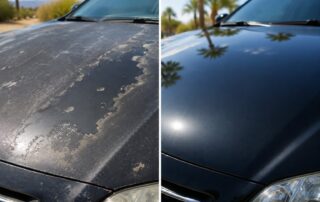 Before and after comparison of peeling car paint repaired by Orlando Auto Body after Arizona sun and UV damage.