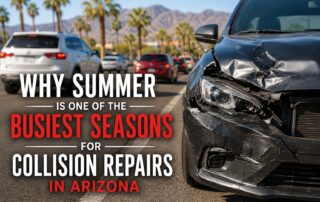 Summer collision repairs in Arizona with damaged vehicle on a busy Phoenix roadway