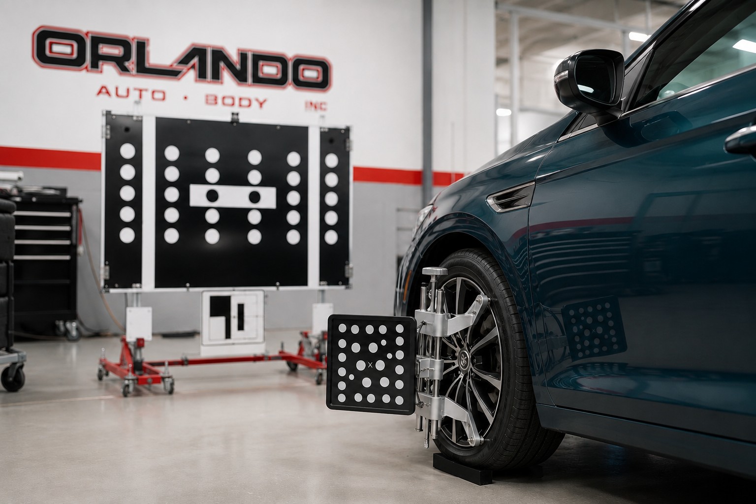 Blue vehicle undergoing ADAS calibration at Orlando Auto Body using advanced diagnostic equipment after collision repair.