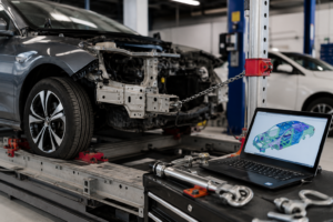 Technician measuring structural damage on a vehicle using frame repair equipment during collision repair.