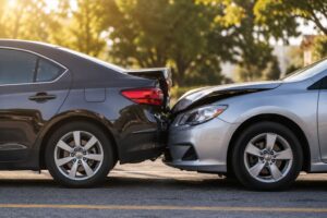 Two vehicles involved in a rear-end collision on an Arizona roadway, illustrating the importance of quality collision repair after an accident.