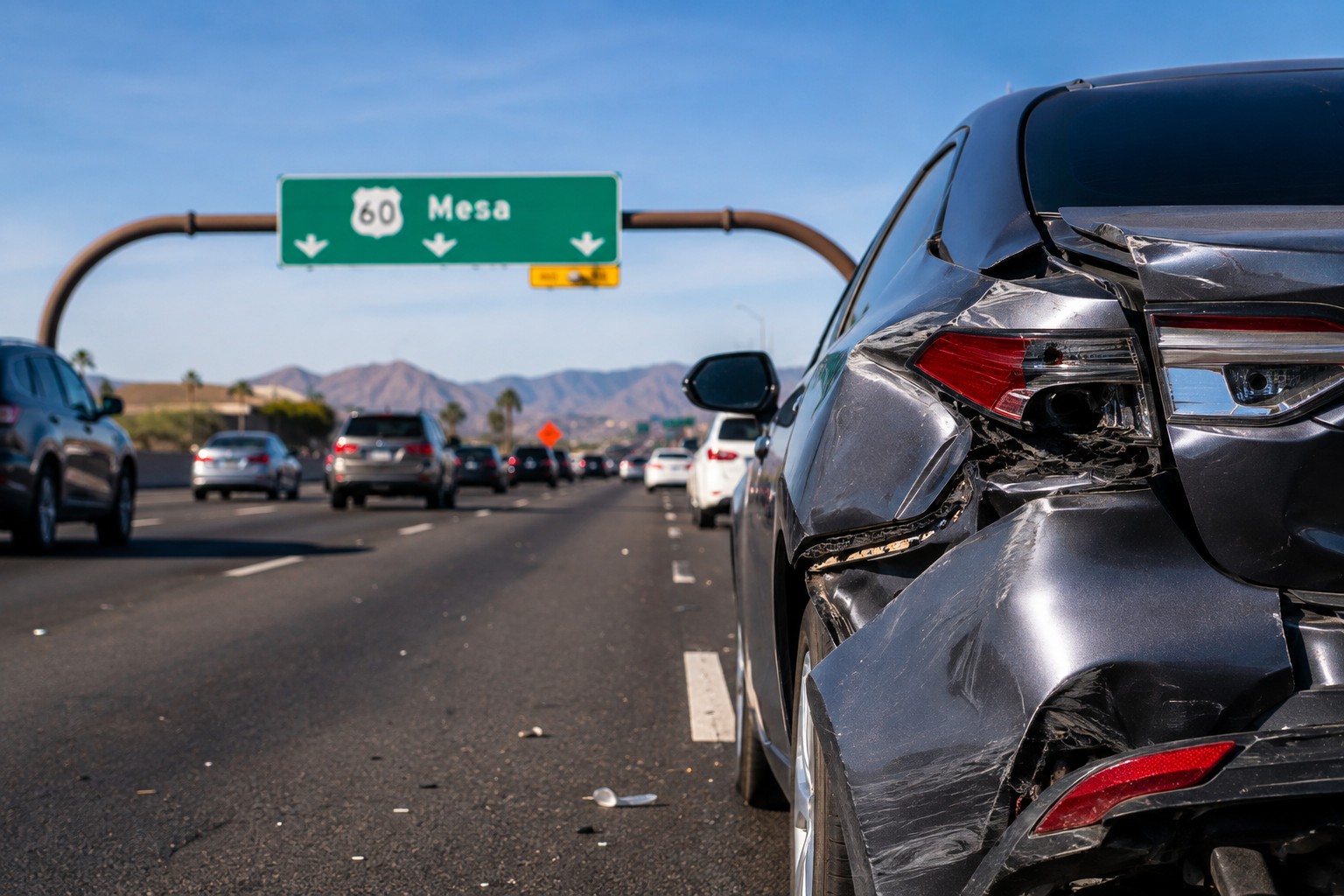Rear-end collision on US 60 in Mesa with damaged vehicle awaiting collision repair after a freeway accident.