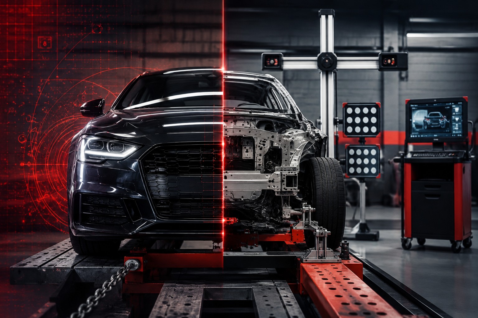 Modern collision repair using frame measuring and ADAS calibration technology at Orlando Auto Body