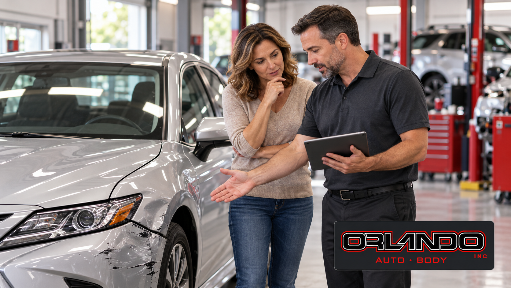 Illustrative repair advisor reviewing collision damage with a customer beside a silver sedan, with the Orlando Auto Body logo in the lower right.