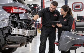 Orlando Auto Body technicians inspect hidden rear collision damage after removing a vehicle’s bumper cover.