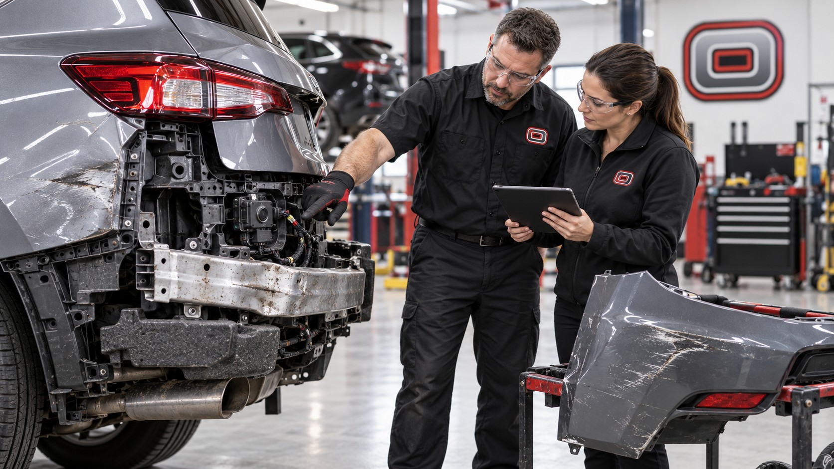 Orlando Auto Body technicians inspect hidden rear collision damage after removing a vehicle’s bumper cover.