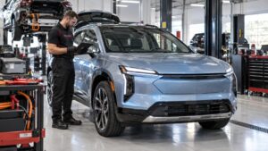 Orlando Auto Body technician using diagnostic equipment beside a silver electric vehicle in a modern collision repair facility.
