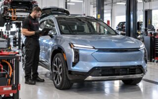 Orlando Auto Body technician using diagnostic equipment beside a silver electric vehicle in a modern collision repair facility.
