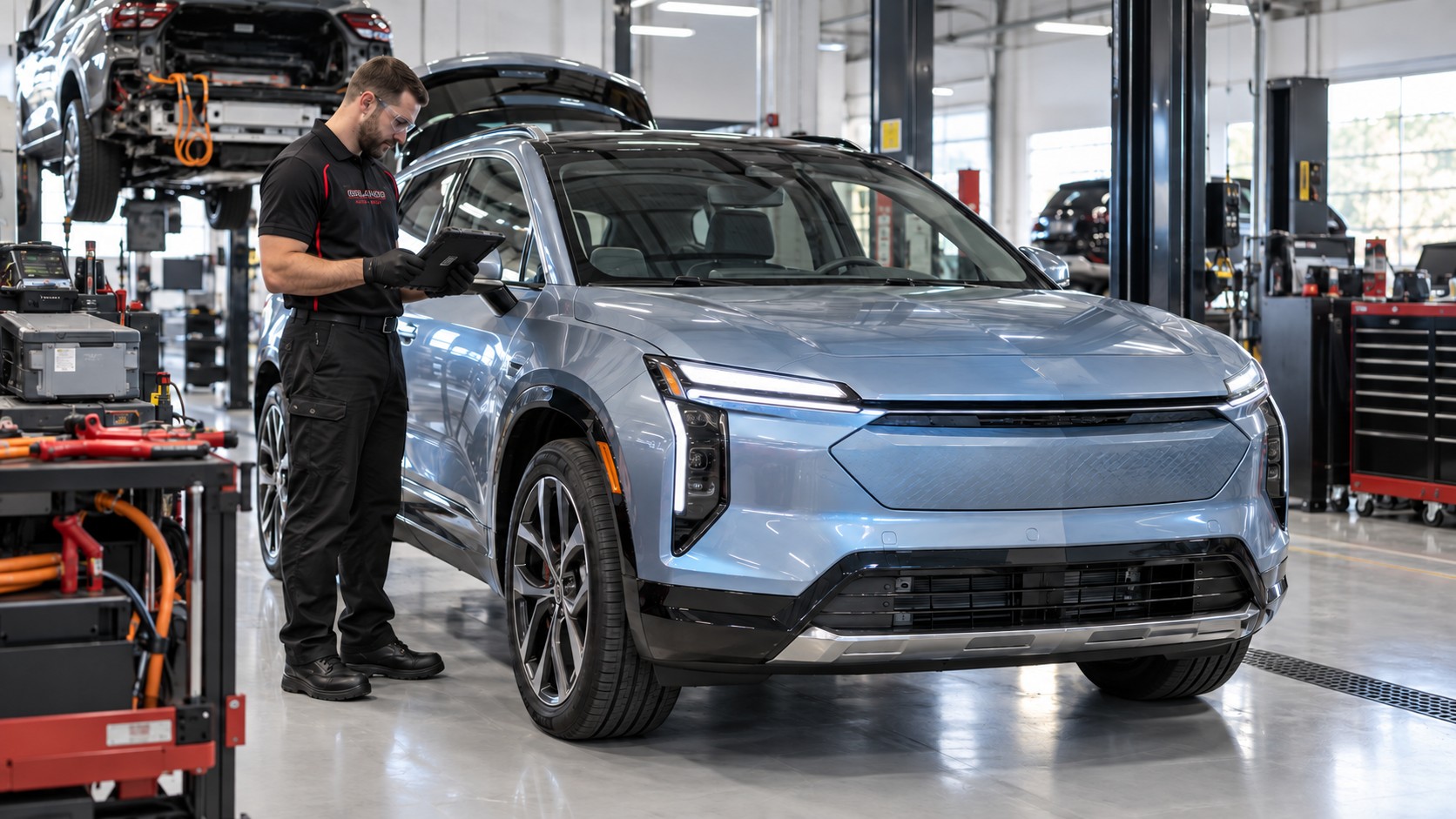 Orlando Auto Body technician using diagnostic equipment beside a silver electric vehicle in a modern collision repair facility.