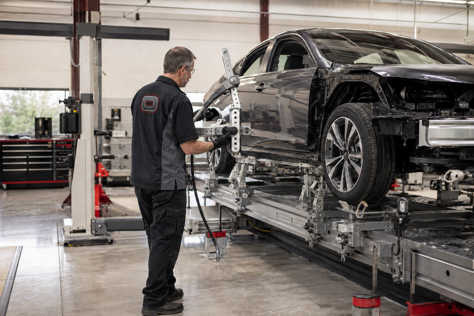 Orlando Auto Body technician using Spanesi structural measuring equipment during a collision repair in Arizona.