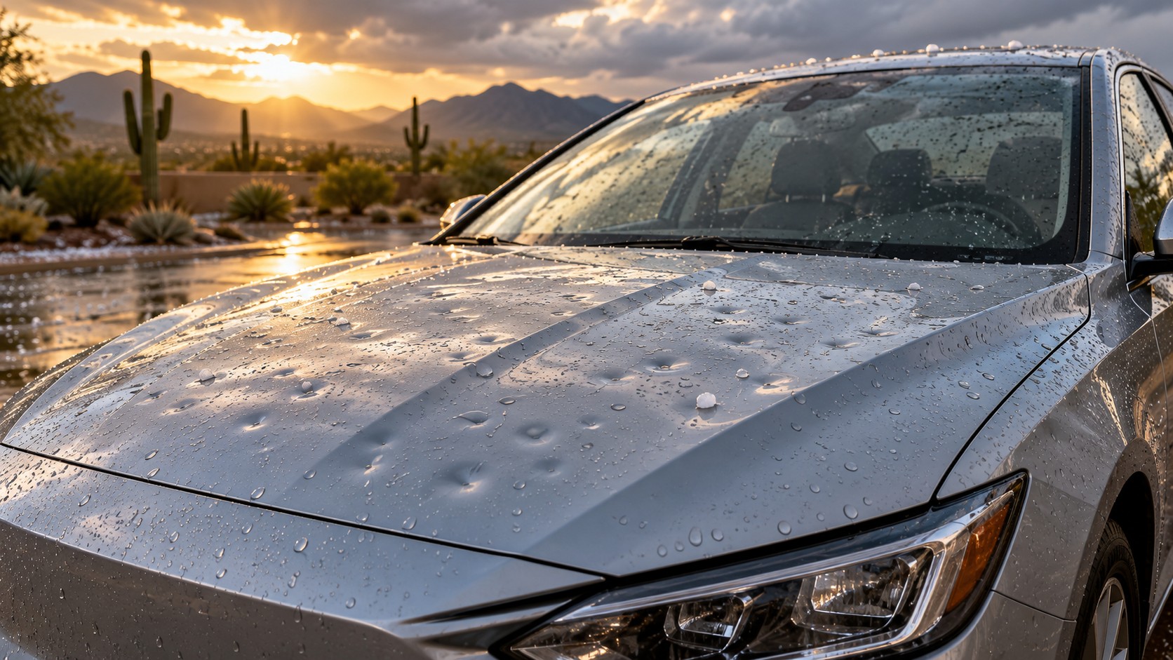 Hail dents and melting hailstones on a silver car hood after an Arizona storm, with desert mountains and saguaros in the background.