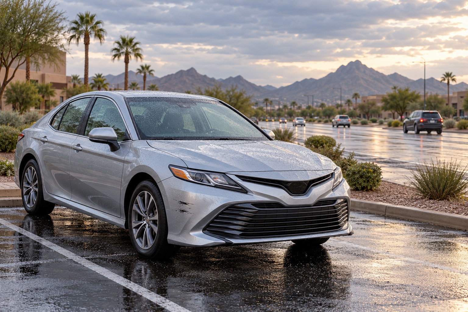 Silver sedan with minor bumper scuffs parked on wet pavement after rain, with palm trees, an Arizona road, and desert mountains in the background.
