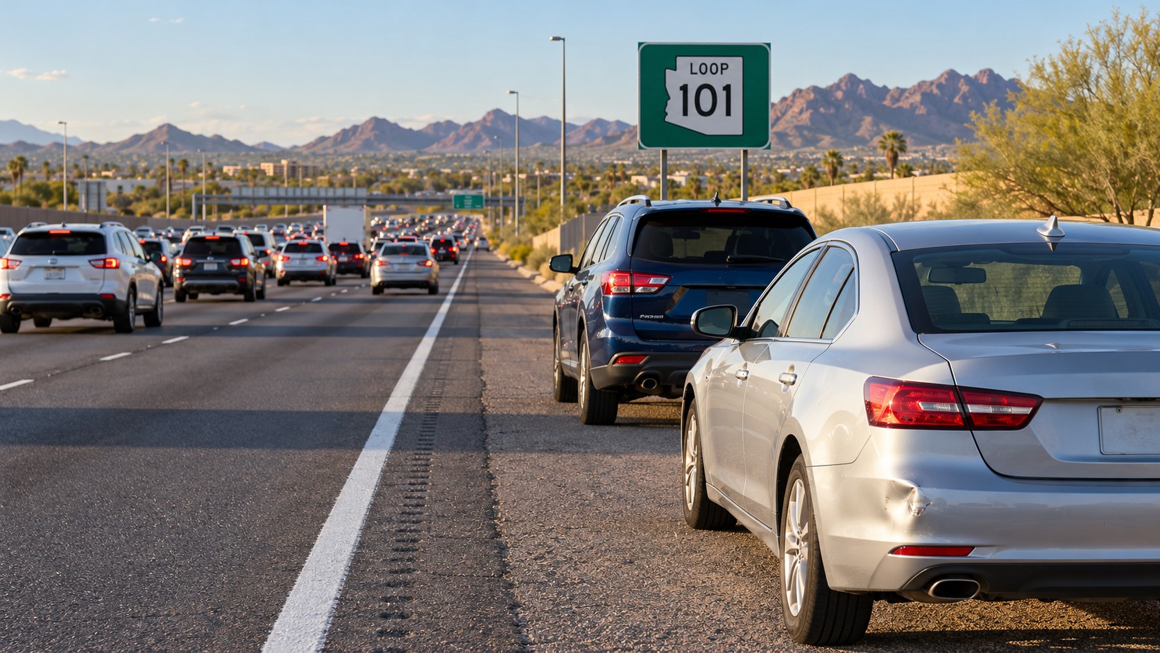 Illustration of two vehicles stopped on the shoulder after a minor collision, with rush-hour traffic and an Arizona Loop 101 sign in the background.